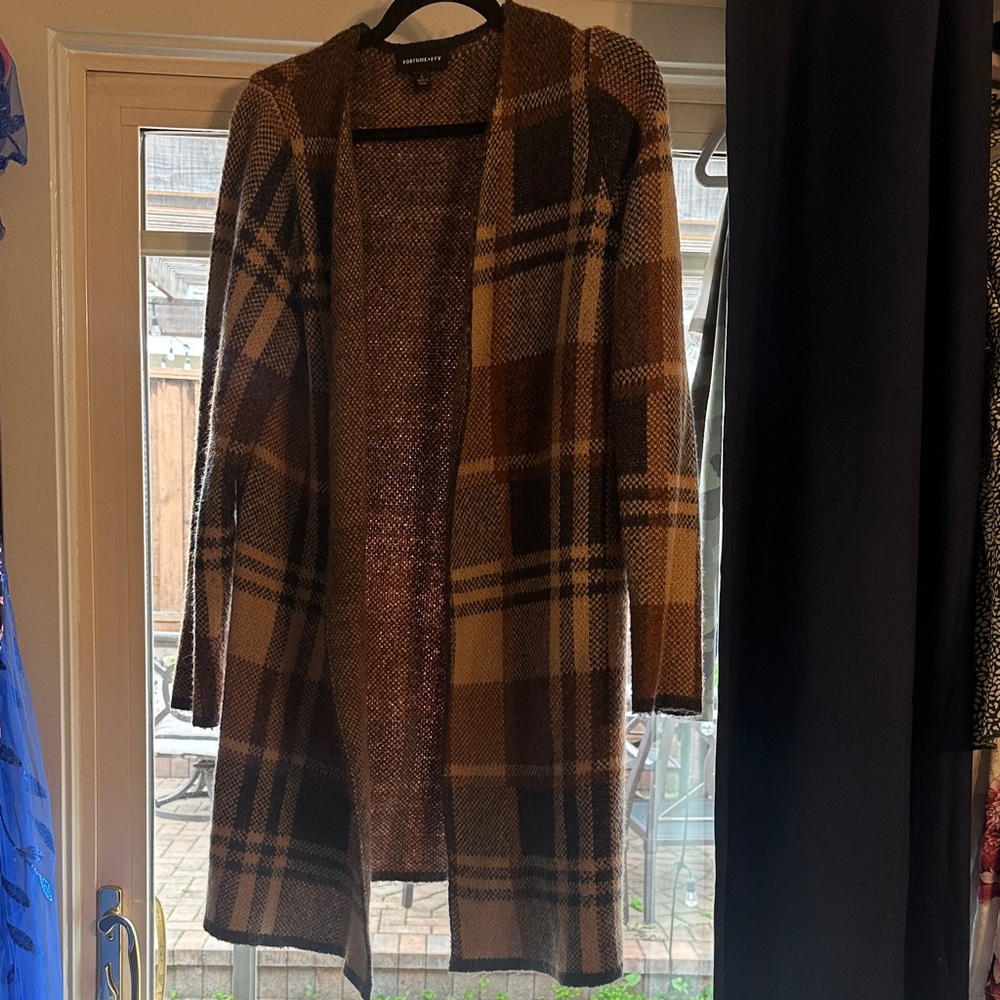 Stylish Brown Plaid Open Cardigan